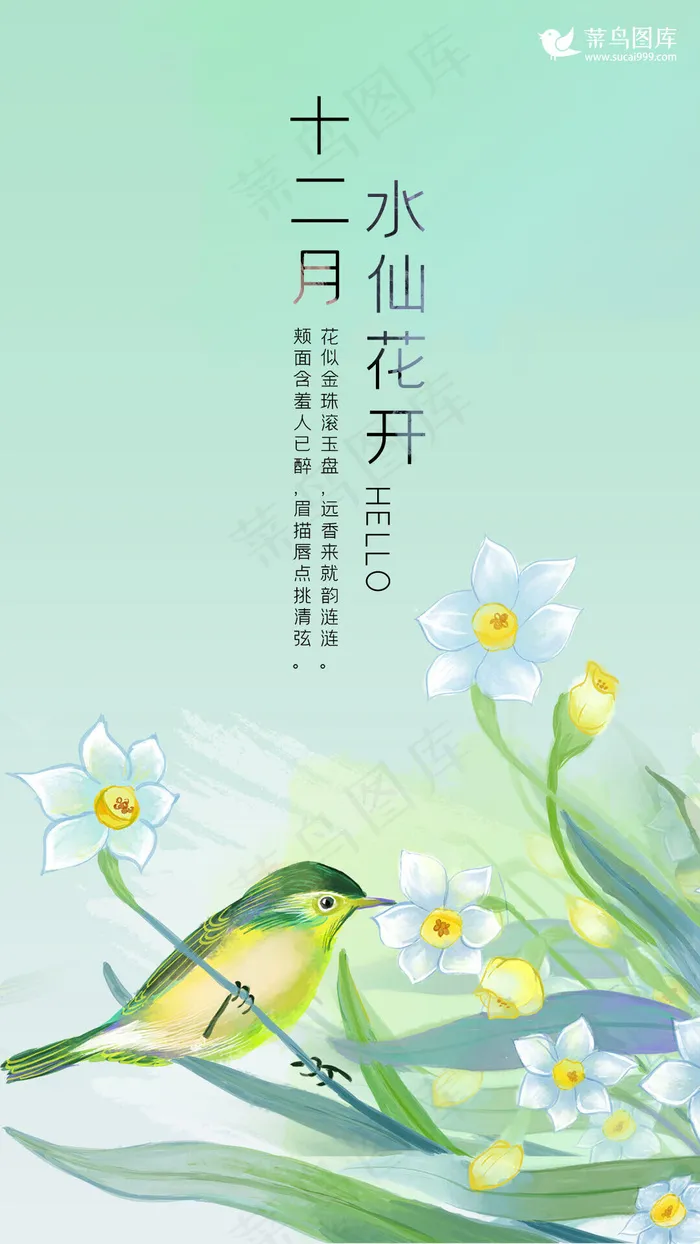 十二月你好青色手绘风十二月花信手机海报 1080 19px Psd模版下载 菜鸟图库