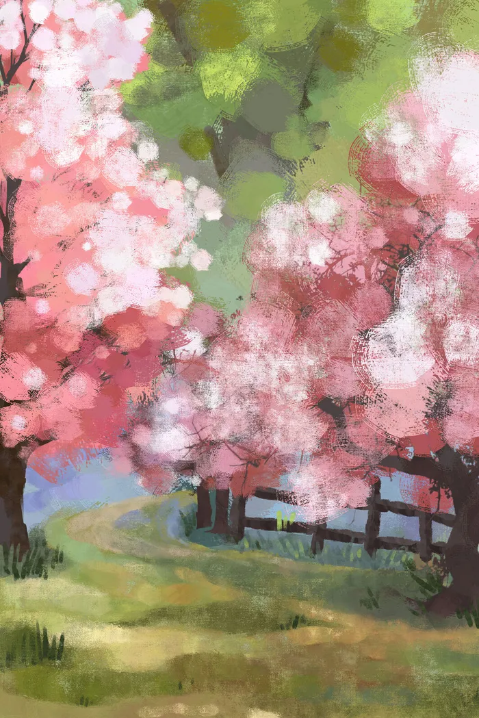 油画系列樱花树林间小道