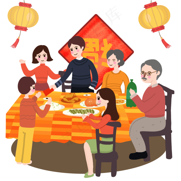 卡通手绘新年家人团聚开心吃年夜免抠元素20002000px300dpipsd模版