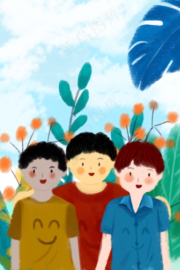 三个小孩合影照插画35455315px300dpipsd模版下载