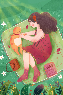 春天卡通可爱春困女孩和猫睡觉配图3545x5315dpi300psd模版下载