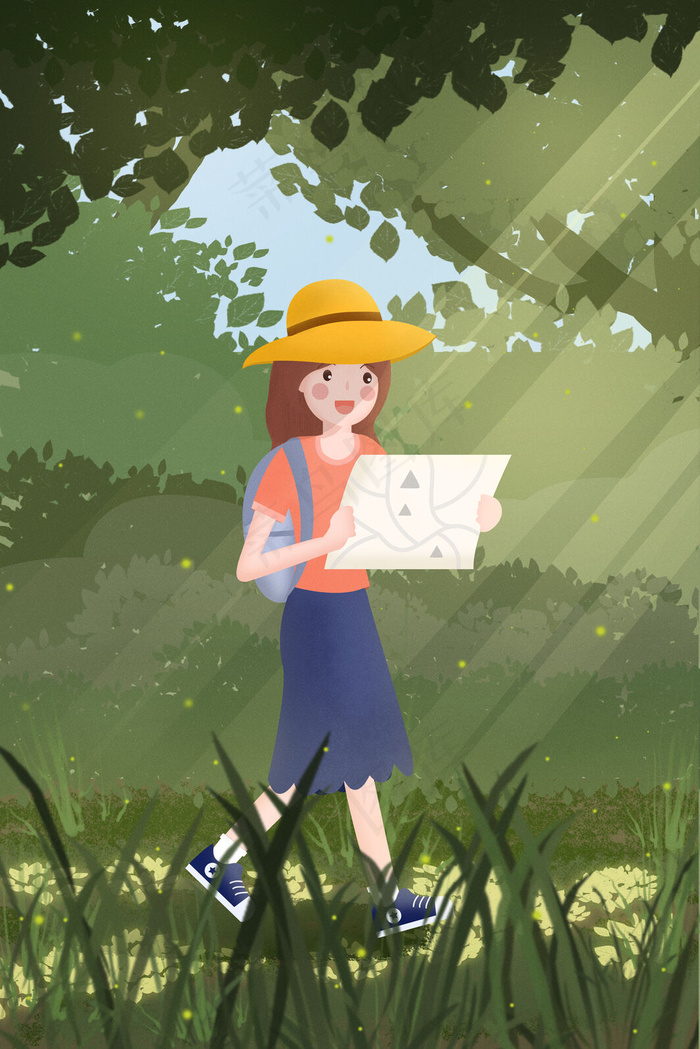 手绘立春女生踏青出游森林探险旅游插画1125x2436dpi72psd模版下载