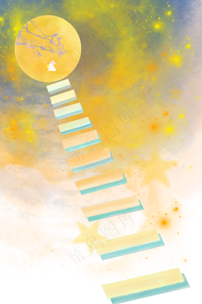 梦幻水墨水彩登月的天梯星空手绘2000x3000dpi300psd模版下载