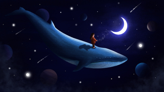 你好海边唯美清新梦幻女孩背影鲸鱼插画设计28801620px300dpipsd模版