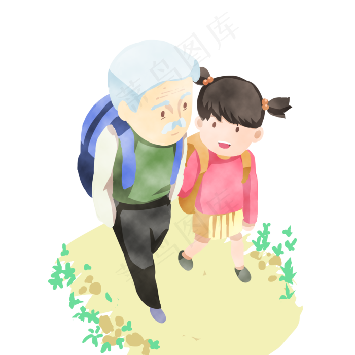 重阳节孙女陪爷爷旅游插画,免抠元素(2000*2000px 300 dpi )psd模版