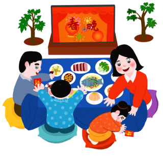 新年年夜饭团圆春晚手绘卡通人物,免抠元素