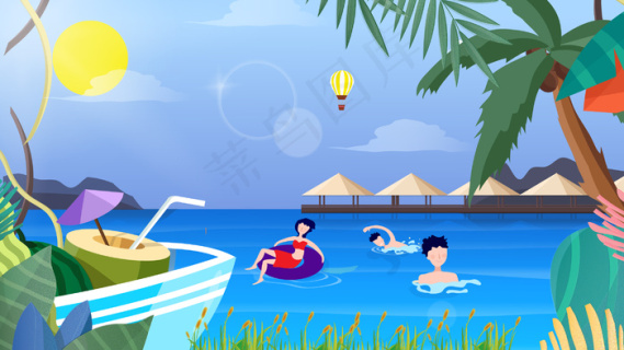夏天海沙滩游泳图片ai矢量模版下载