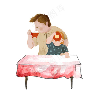 手绘创意父子吃饭素材,免抠元素