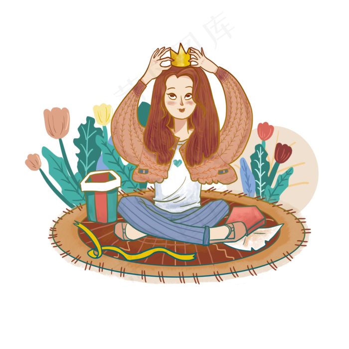 女王节戴王冠的女孩小清新插图png免抠元素2000x2000dpi300psd模版
