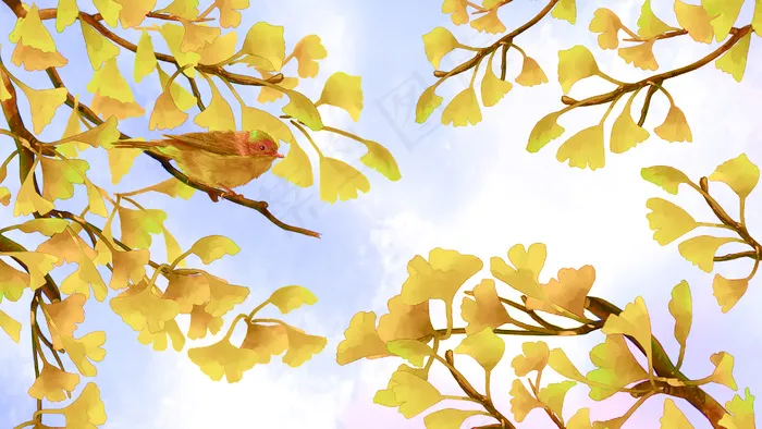秋季风景金色银杏树林雀鸟工笔复古国画
