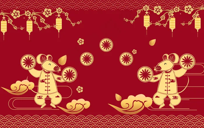 中国红老鼠金色剪纸新春边框底纹,免抠元素