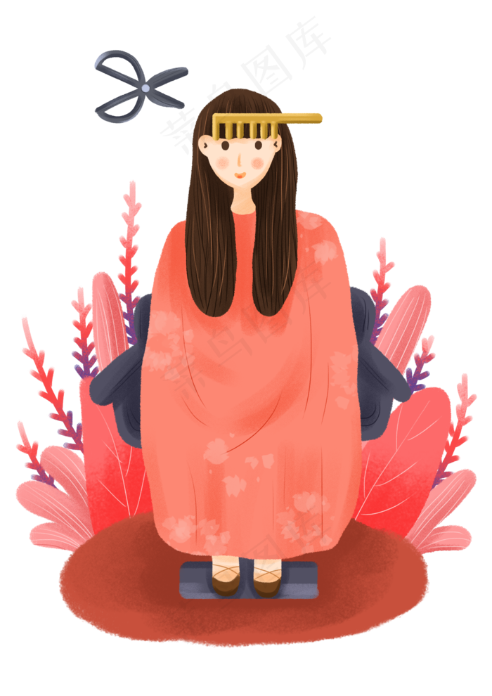 龙抬头剪头发的小女孩免抠元素3508x4961dpi300psd模版下载