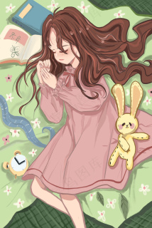 春天卡通可爱春困女孩和猫睡觉配图3545x5315dpi300psd模版下载