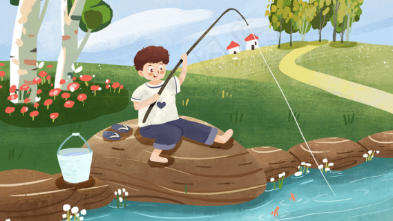 小男孩春游在河边钓鱼小清新