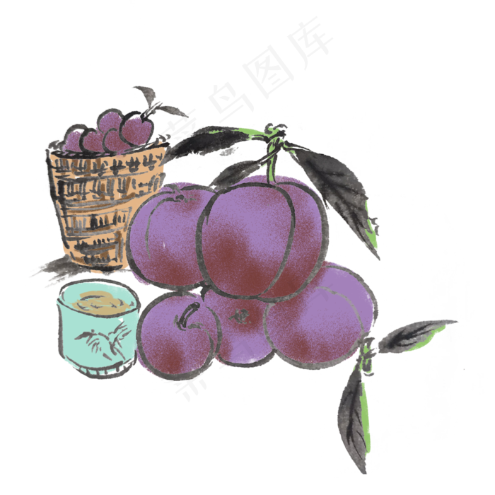 夏天水墨李子手绘插画4000x4000dpi300psd模版下载