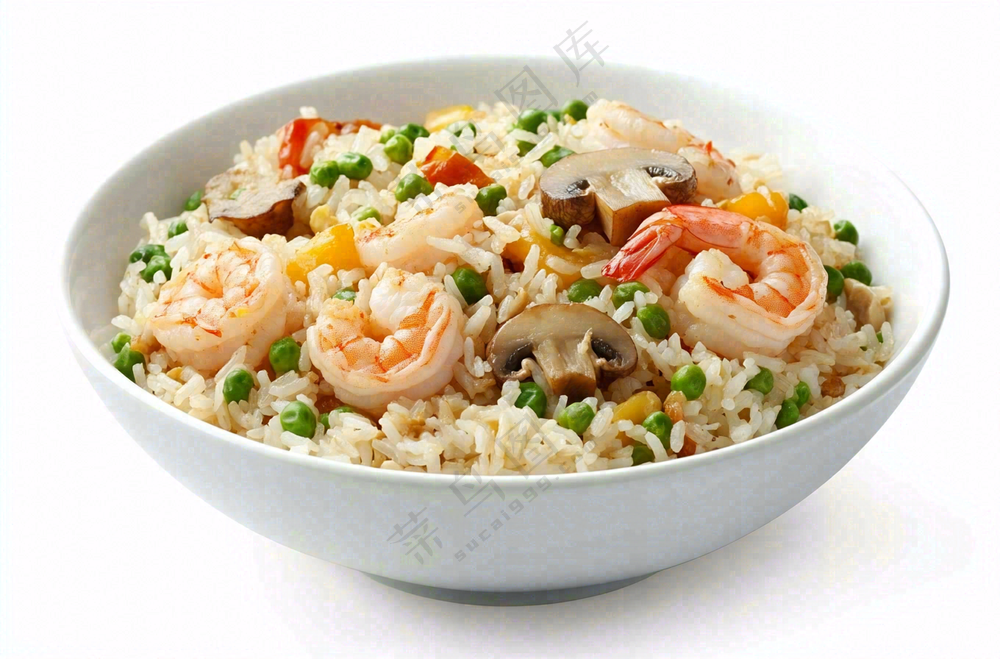 虾仁时蔬炒饭蘑菇美食摄影图