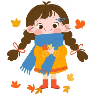 卡通风秋季拿着枫叶戴着围巾的可爱女孩儿童教育插画
