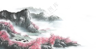 群山美景与盛开的鲜花绘画免抠图片