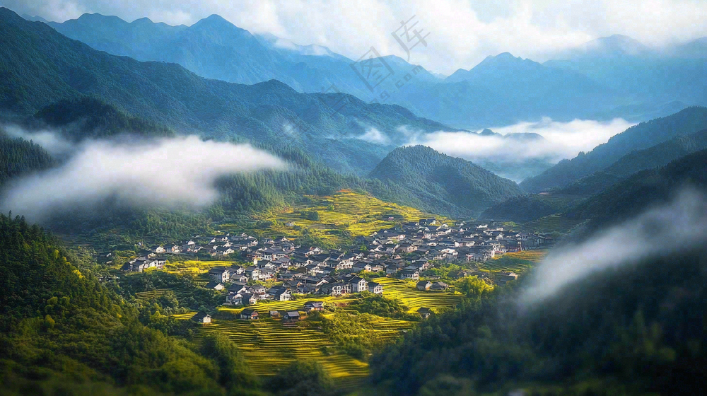 江南风景屋檐瓦舍雾村庄山林摄影图