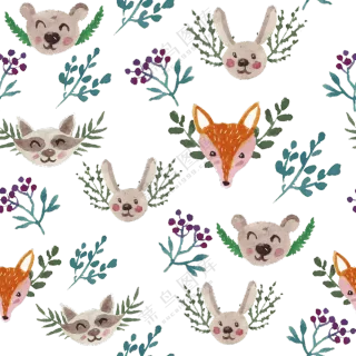 手绘水彩狐狸与兔子等图案免抠素材