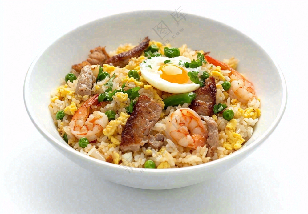 虾仁时蔬炒饭蘑菇美食摄影图