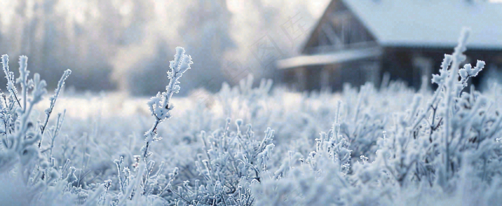 冬天植物森林里的木屋白雪覆盖小寒小雪摄影图