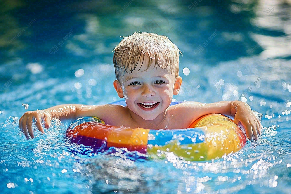在游泳池玩水的儿童男孩游泳圈摄影图