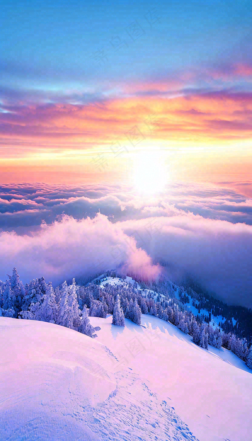 冬季夕阳晚霞雪山山林立冬小寒大寒小雪摄影图