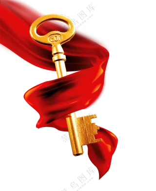 红飘带缠绕着的金钥匙免抠图片素材