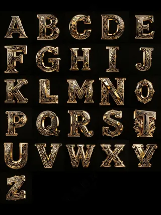 3D巴洛克金属风格3D艺术字英文字母A-Z