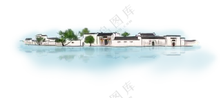 河畔树木建筑手绘绘画免抠图片素材