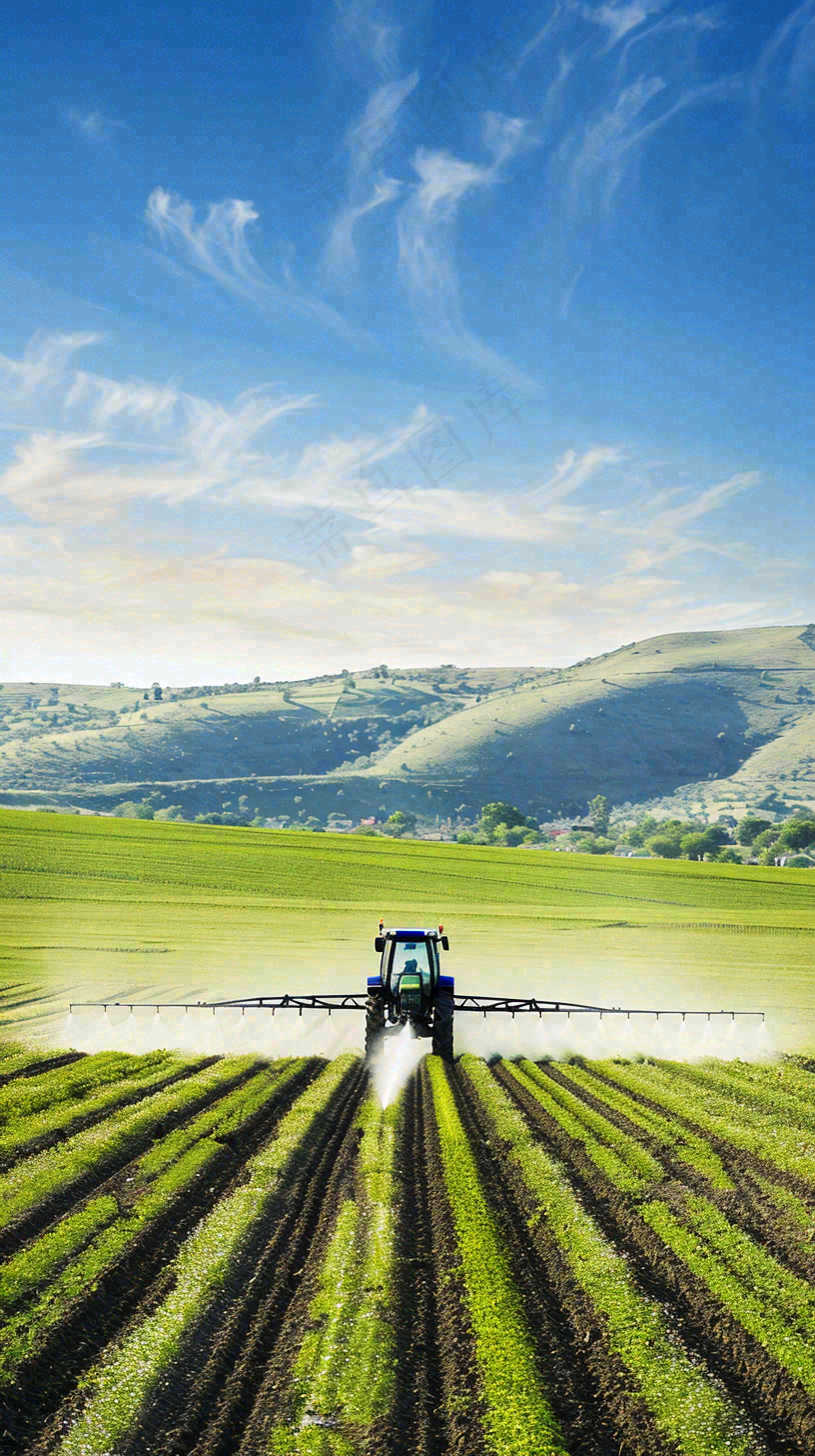 农田庄稼里耕种的机器农忙劳动节摄影图