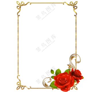 红色玫瑰花装饰的金色边框免抠图片