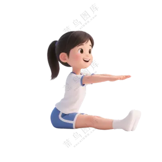 蓝+白色纯净3D风格坐位体前屈的女孩免抠PNG素材