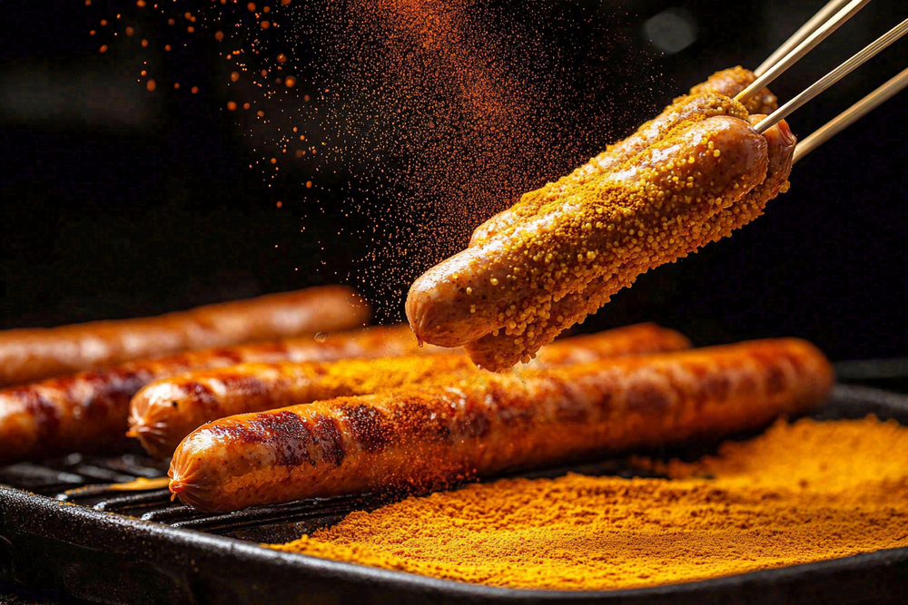 烤火腿肠煎辣椒面香辣美食小吃摄影图