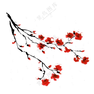 雪中树枝上的红色花朵绘画免抠图片