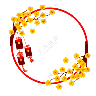 梅花与福袋装饰的圆形边框免抠图片