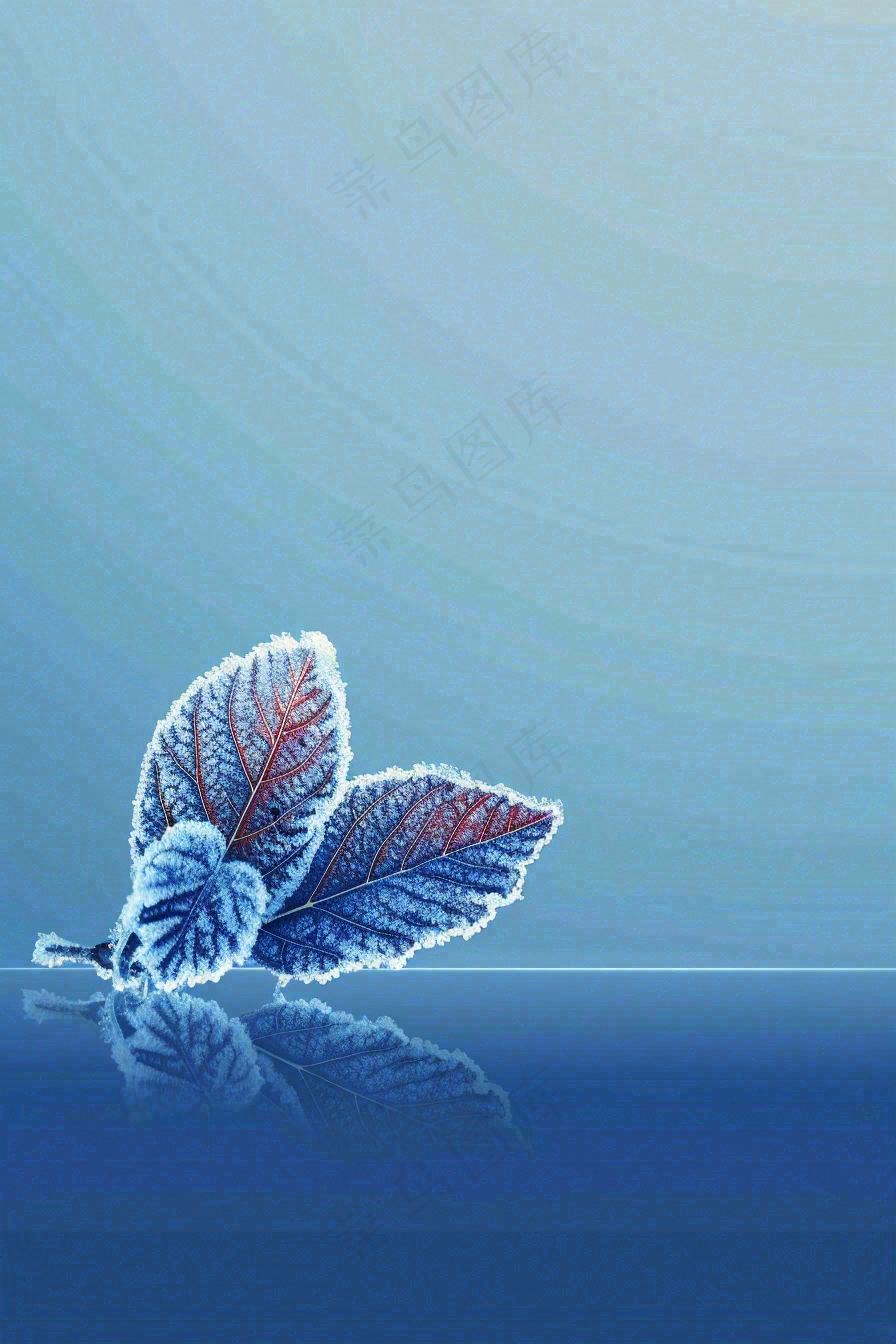 冬天树叶上结着白霜霜降摄影图