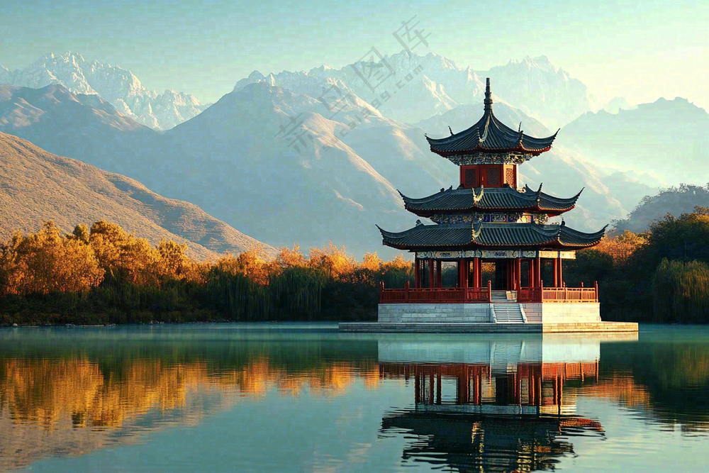 秋天湖泊高山森林凉亭塔大自然风光摄影图