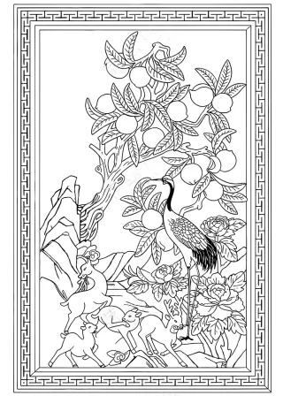 简约传统图案鹿仙鹤与寿桃