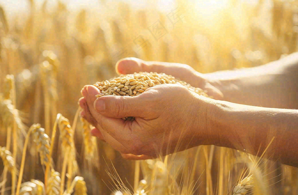 金黄的稻田手捧粮食珍惜粮食芒种世界粮食日摄影图