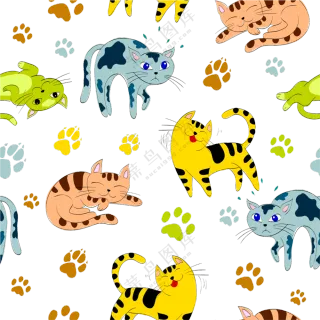 卡通猫爪印与猫咪无缝图案免抠素材
