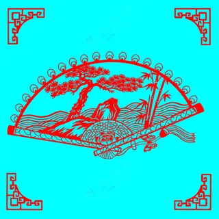 红色传统松竹扇形剪纸