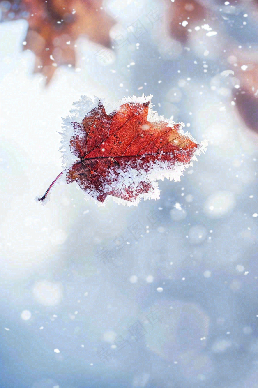 结满白霜雪花的树叶霜降摄影图