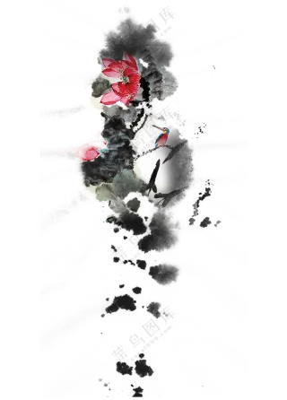水墨绘画创意荷花小鸟PNG图片素材