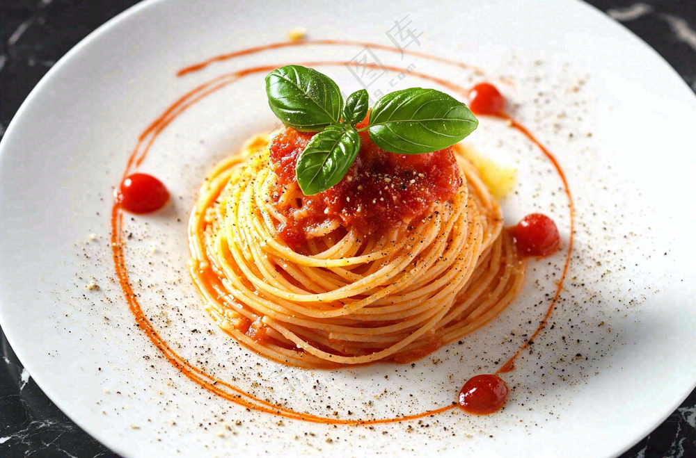 美味的意大利面番茄奶油意面罗勒叶美食摄影图