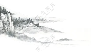 黑白水墨绘画群山树木风景免抠图片