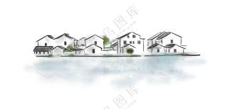 河边的房屋等手绘绘画PNG图片素材