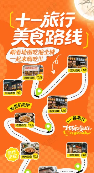 中秋国庆简约十一旅行旅游美食路线营销海报