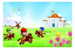 骑马的卡通儿童